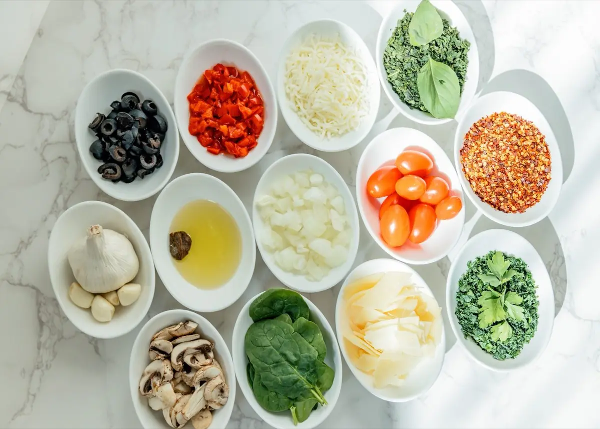 Overhead spread of fresh Pastaphony ingredients on marble