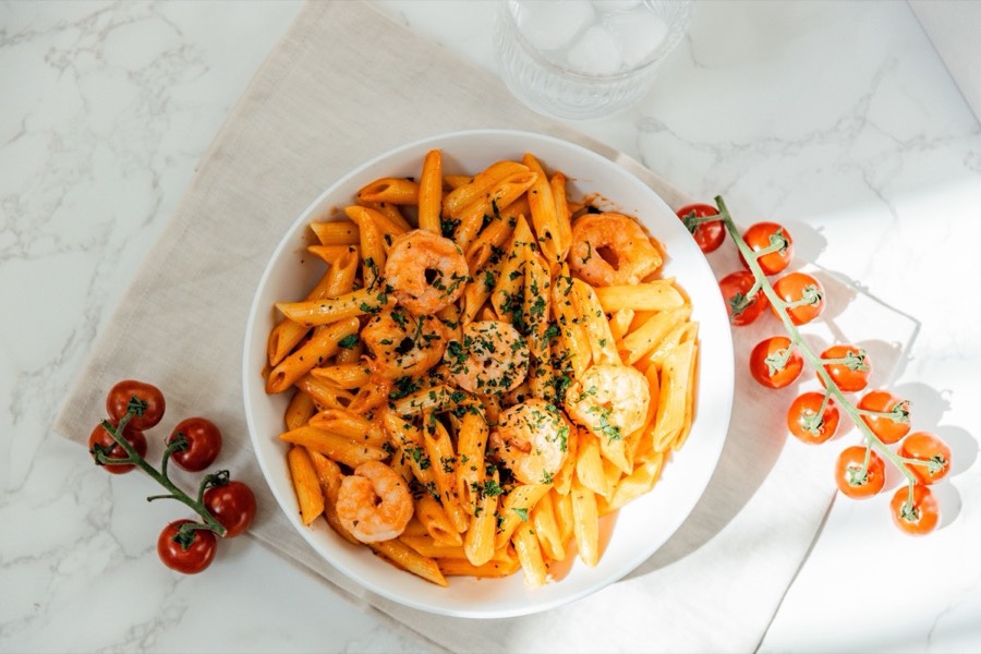 Penne Shrimp Alfredo — penne in creamy alfredo sauce with shrimp and parmesan