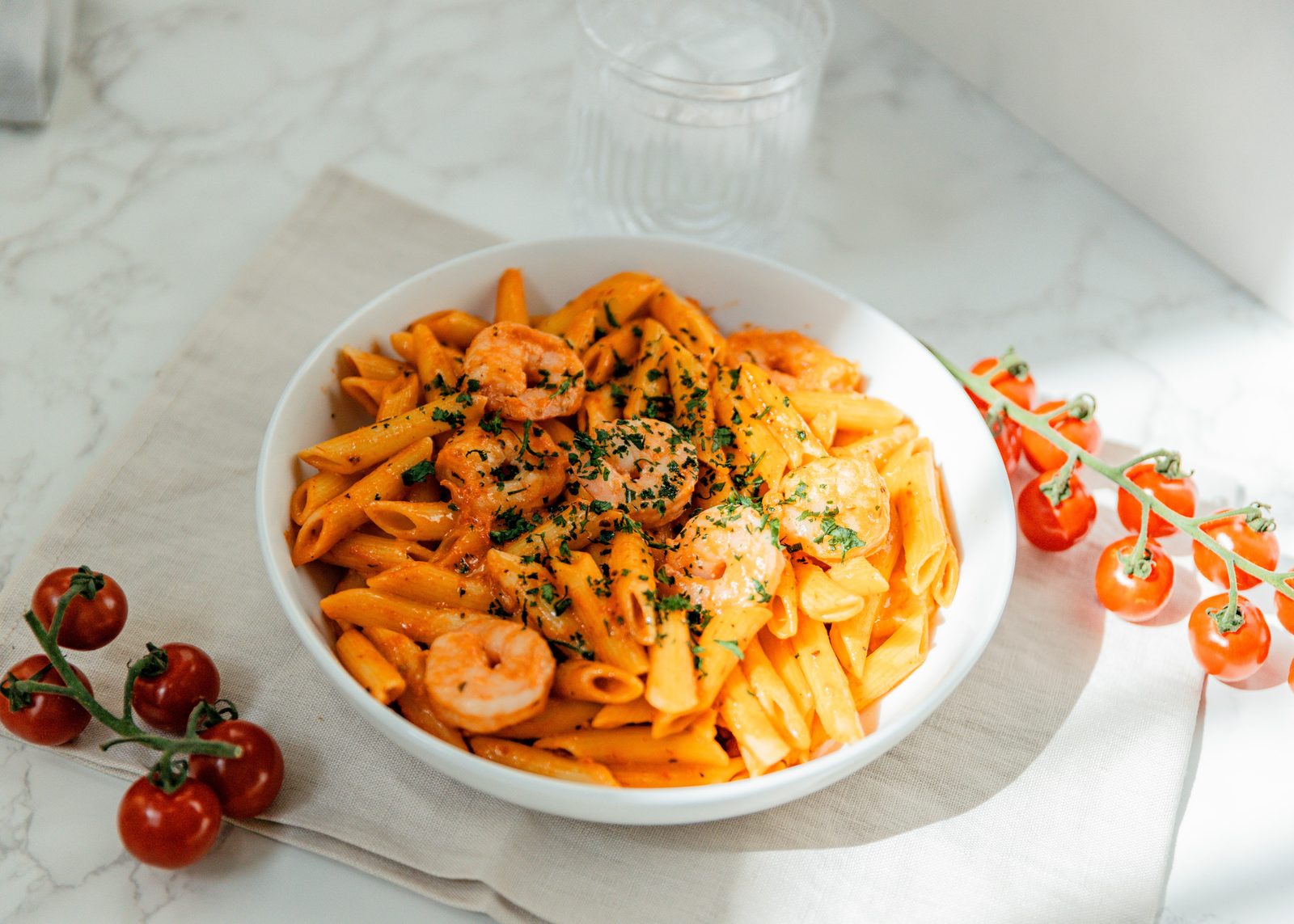 Pastaphony Stanton — penne arrabbiata with shrimp and cherry tomatoes