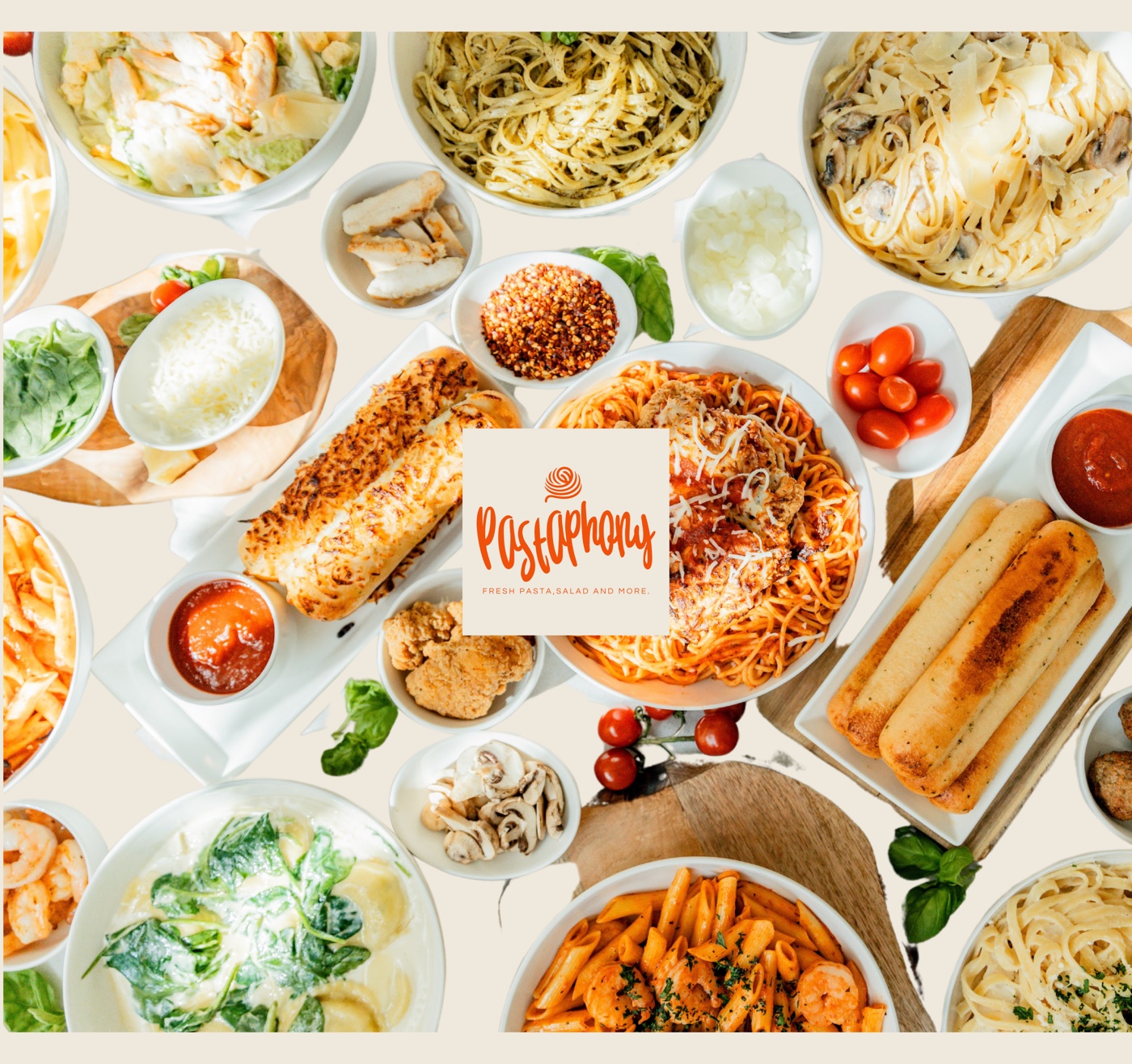 Pastaphony Carlsbad window decal — overhead spread of Pastaphony dishes around the brand wordmark